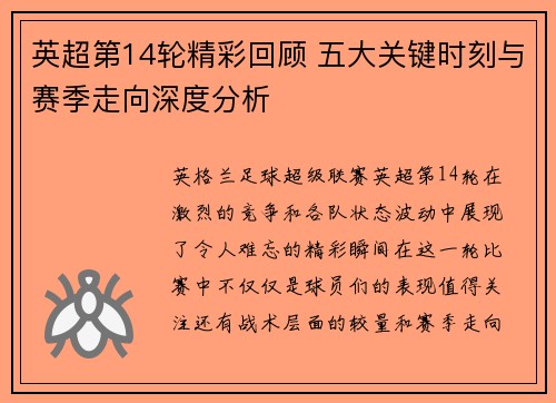 英超第14轮精彩回顾 五大关键时刻与赛季走向深度分析