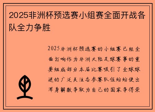 2025非洲杯预选赛小组赛全面开战各队全力争胜