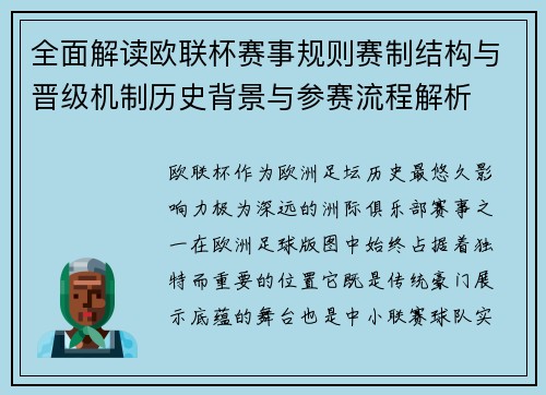 全面解读欧联杯赛事规则赛制结构与晋级机制历史背景与参赛流程解析