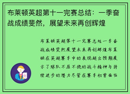 布莱顿英超第十一完赛总结:一季奋战成绩斐然,展望未来再创辉煌 布莱顿英超第十一完赛总结:一季奋战成绩斐然,展望未来再创辉煌
